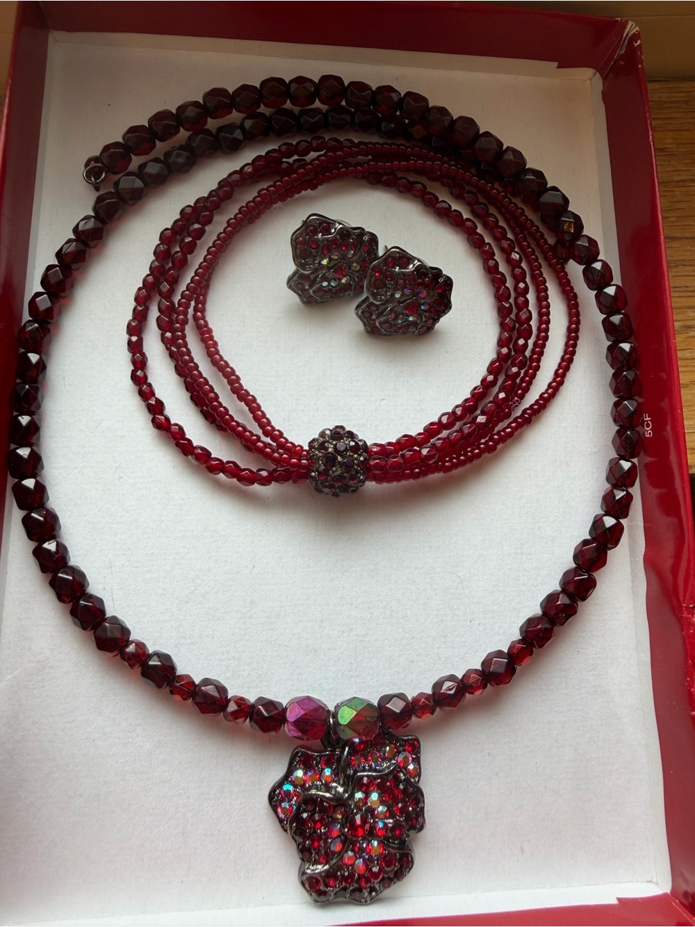 Red Crystal Bead Choker Necklace and Bracelet Set with Matching Earrings